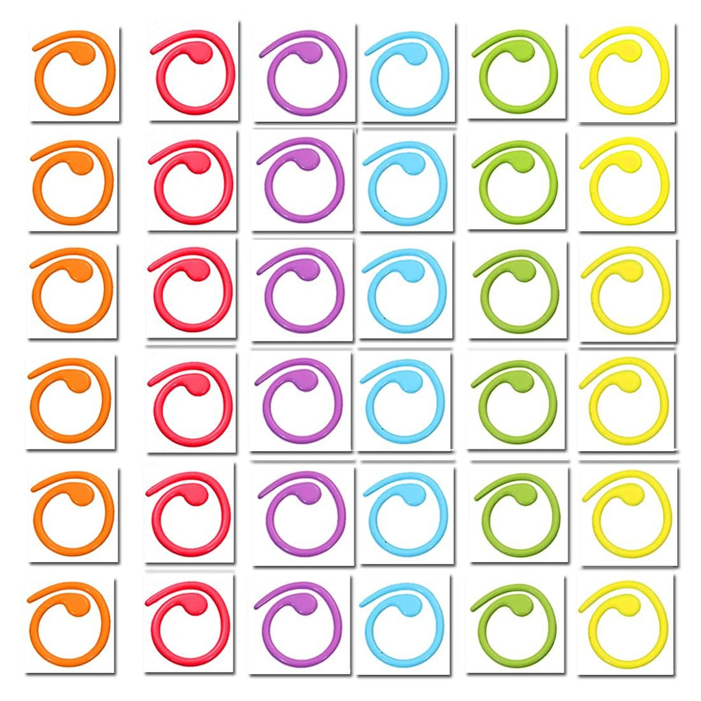 Set of colorful spiral stitch markers arranged in a grid on a white background.
