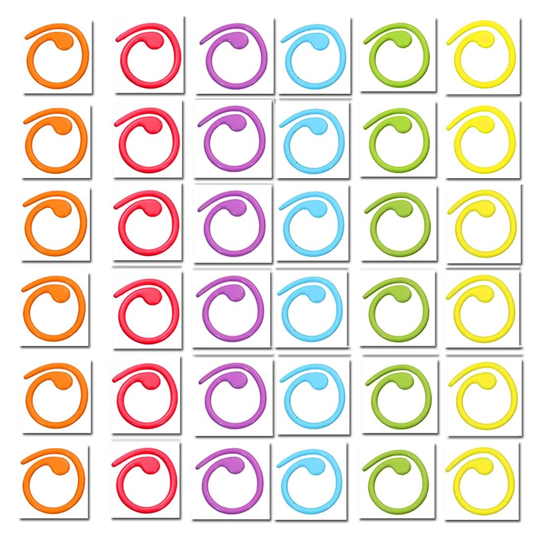 Set of colorful spiral stitch markers arranged in a grid on a white background.
