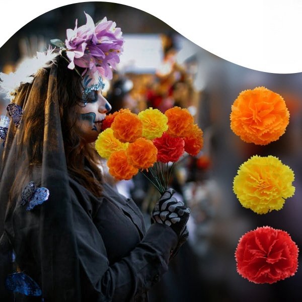 Woman in Dia de los Muertos makeup holding orange and yellow marigold flowers, with individual flowers shown on the right.