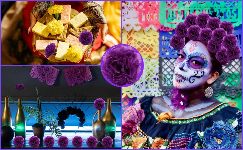 Collage of Day of the Dead and Diwali decorations including marigold flowers, sugar skulls, and a woman in festive makeup and attire.