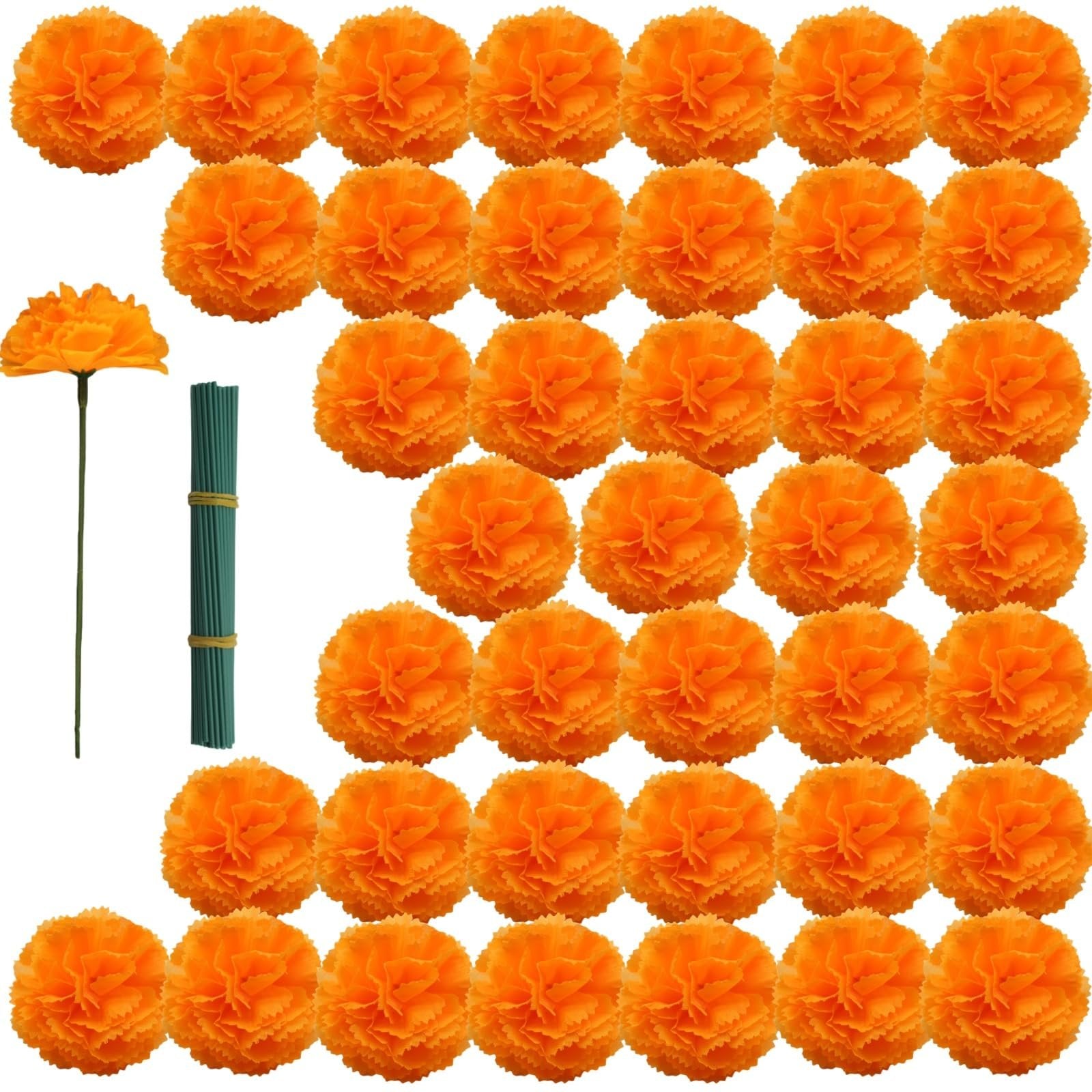 60 orange artificial marigold flower heads with plastic stems and a bundle of green floral wire on a white background