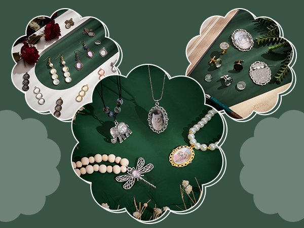 Assortment of DIY jewelry components including pendant trays, earrings, necklaces, and cufflinks with decorative elements.