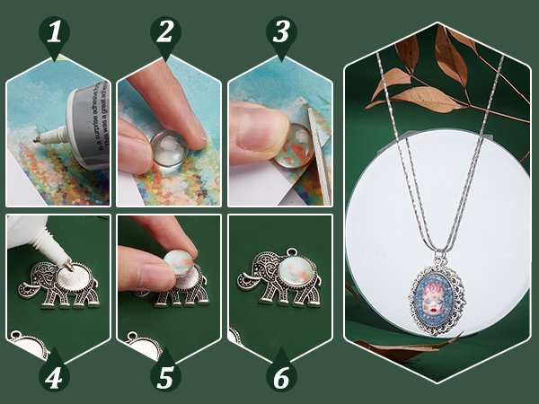 Collage showing steps to create a pendant: applying glue, placing glass dome, cutting image, attaching to elephant charm, and finished oval pendant necklace.