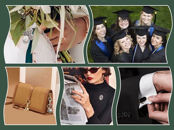Collage of lifestyle images showing jewelry and accessories, including a bouquet with a charm, graduates, a handbag with charms, a woman wearing a brooch, and cufflinks.