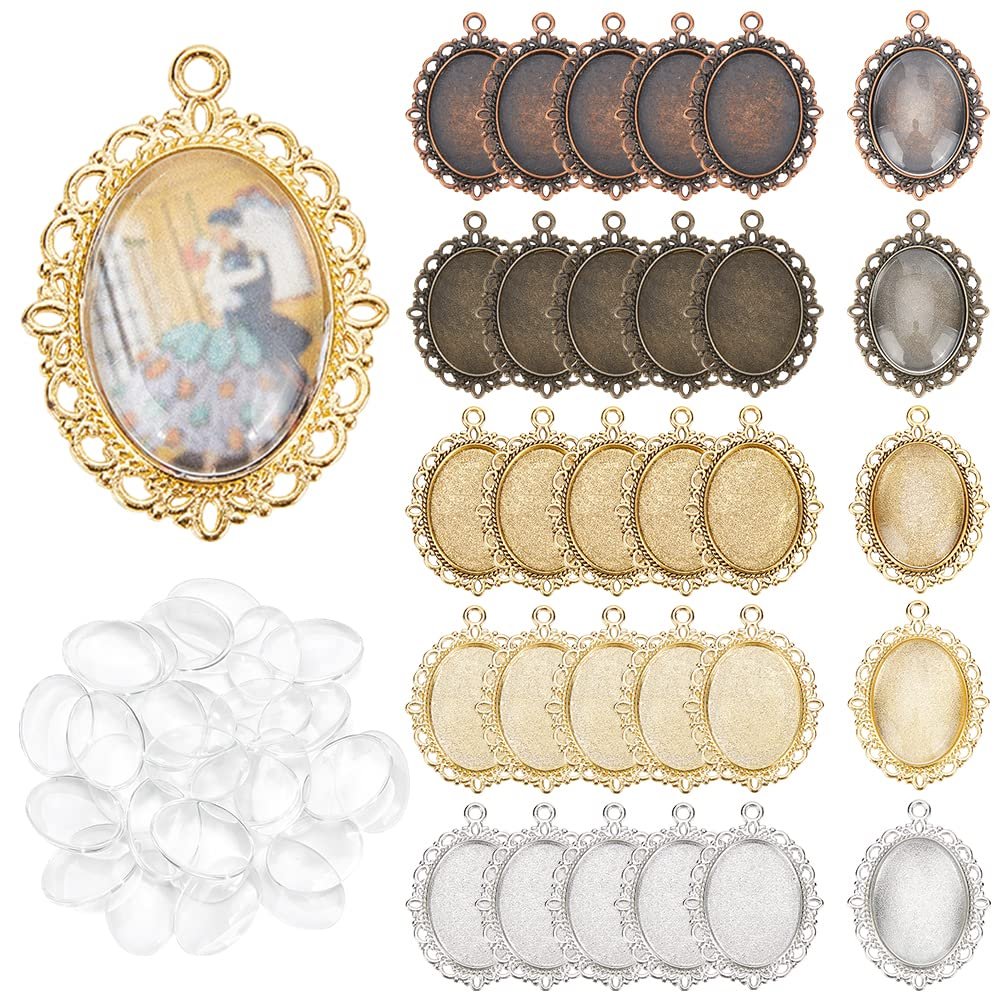 Oval pendant trays in bronze, antique brass, gold, and silver finishes with clear glass cabochon domes and a single gold pendant with a printed image.