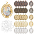 Oval pendant trays in bronze, antique brass, gold, and silver finishes with clear glass cabochon domes and a single gold pendant with a printed image.