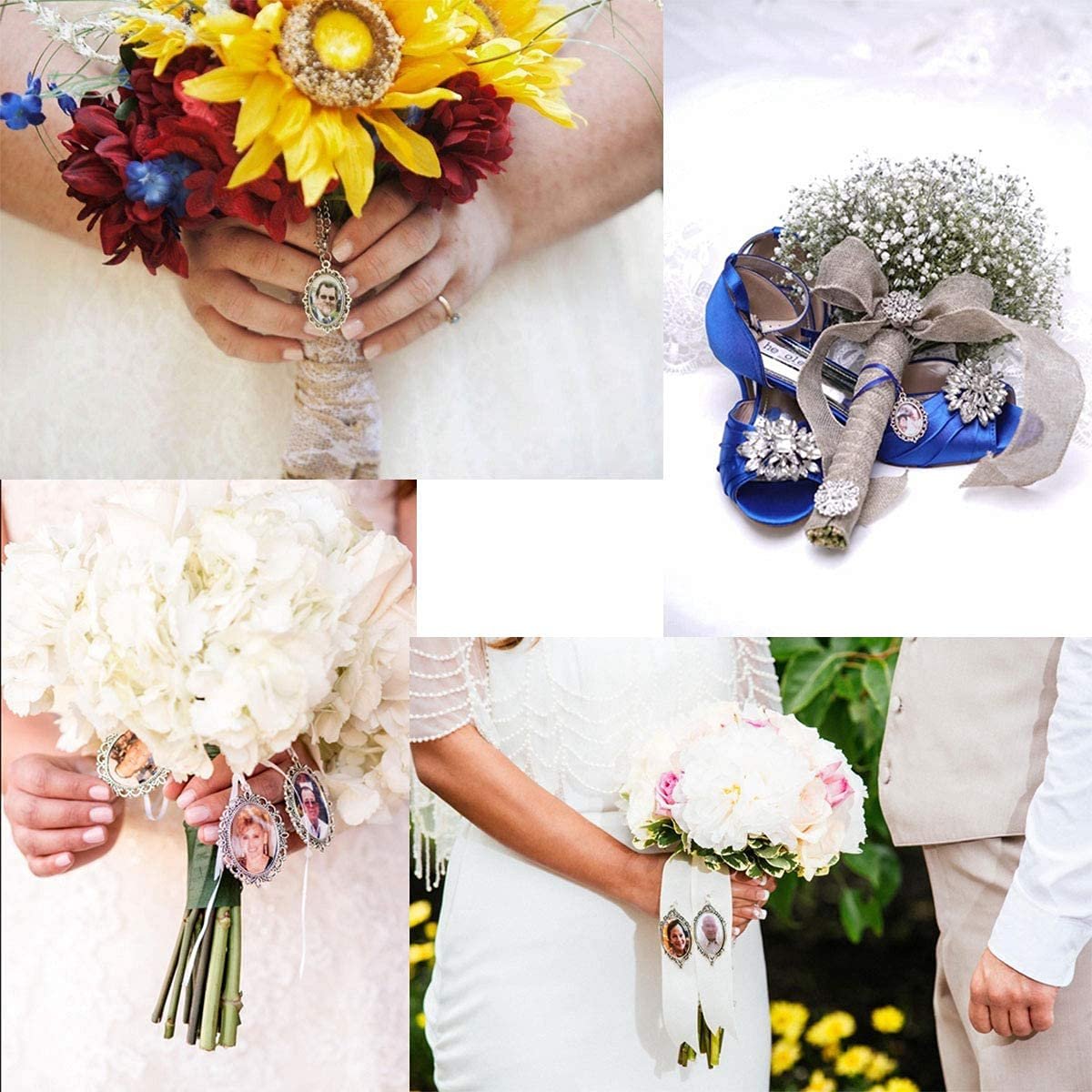 Collage of wedding bouquets with photo pendants attached to the stems and ribbons.