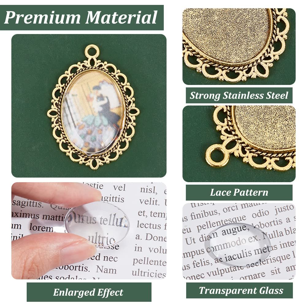 Oval pendant tray with ornate gold-tone metalwork and a glass cabochon, shown with close-ups of material and design.