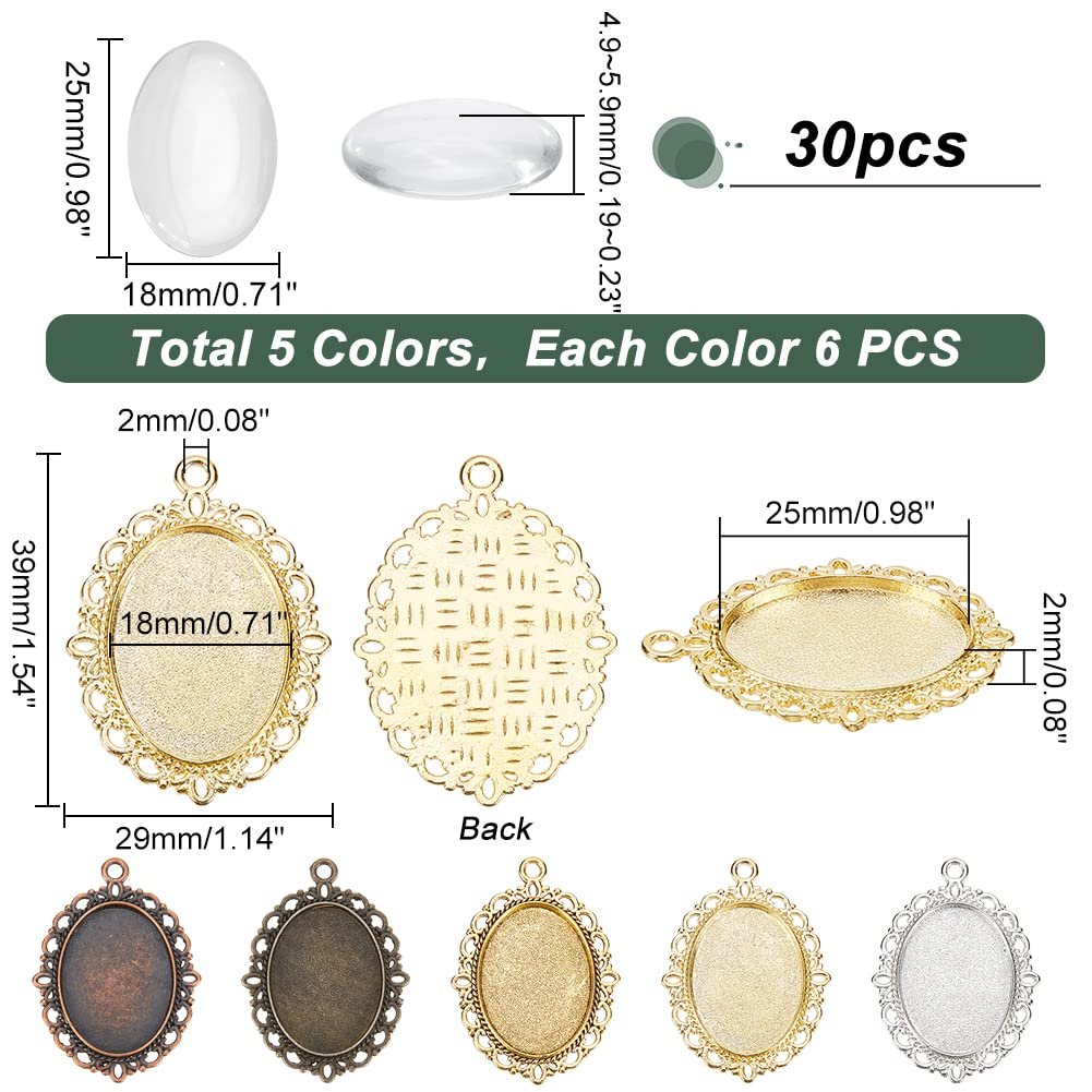 Oval pendant trays and glass cabochon domes with dimensions and color information.