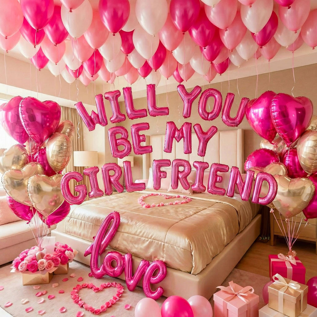 Bedroom decorated with pink and white balloons, heart balloons, and 'Will You Be My Girlfriend' foil balloons.