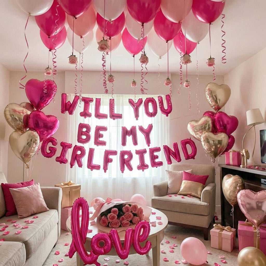Romantic room decoration with pink and white balloons, heart balloons, and 'Will You Be My Girlfriend' and 'Love' balloon letters.
