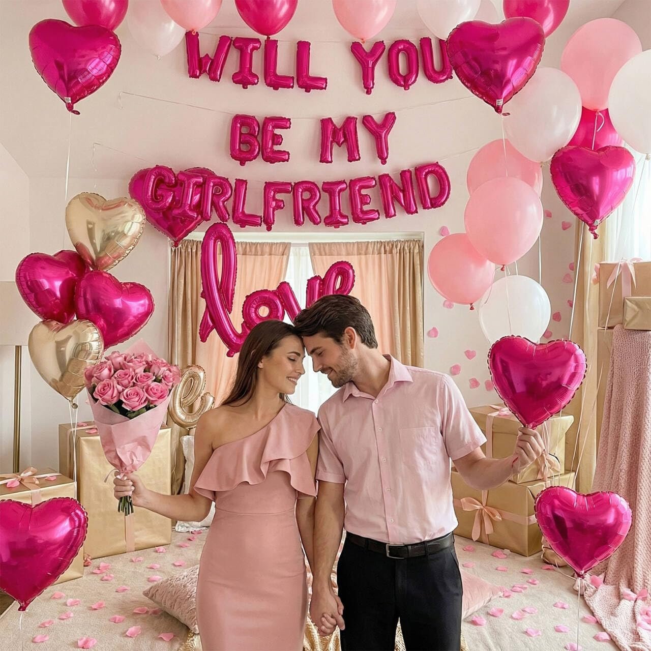 Couple in pink attire surrounded by heart and round balloons, rose petals, and gift boxes, with 'WILL YOU BE MY GIRLFRIEND' and 'LOVE' balloon text.