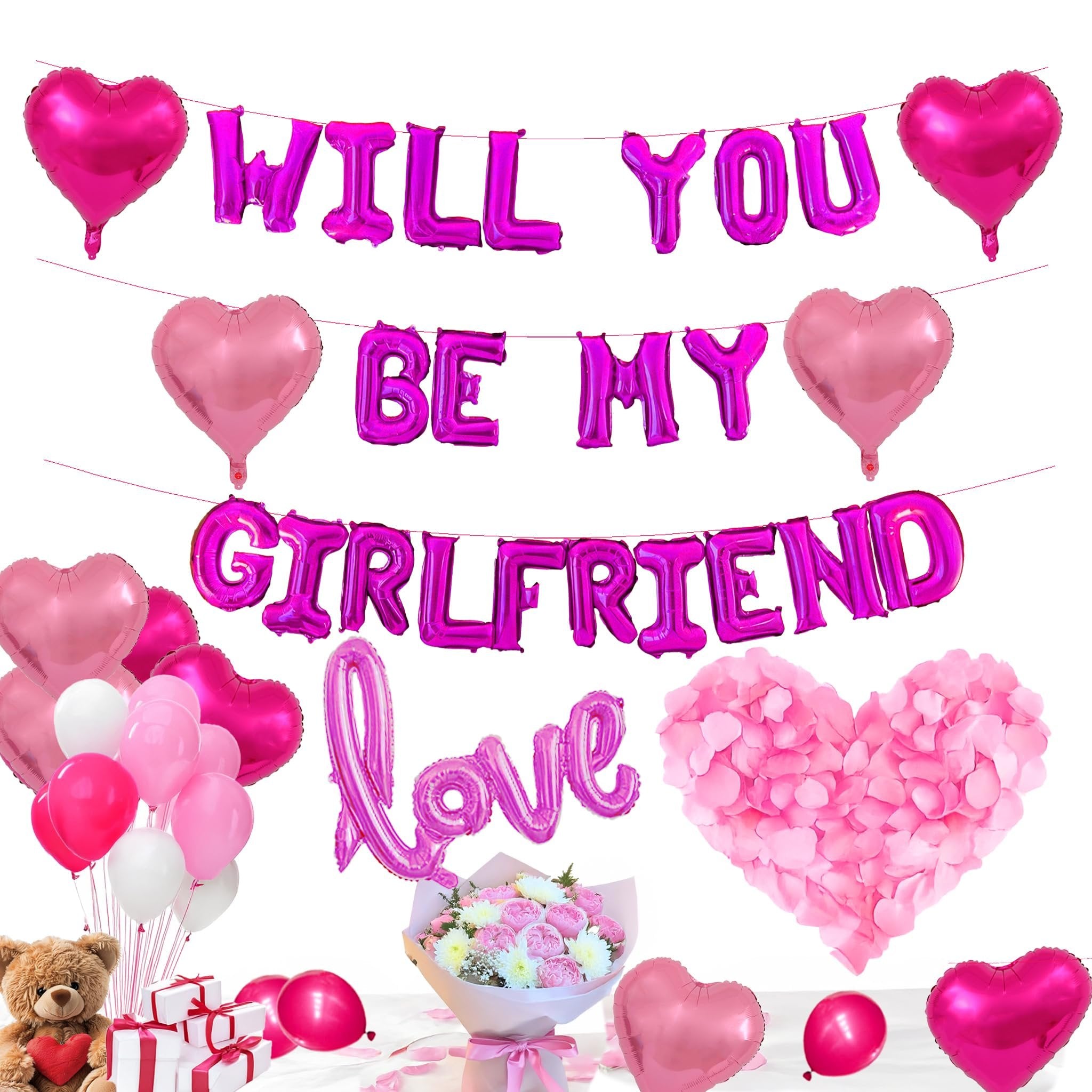 Pink and hot pink balloon decoration kit with heart balloons, 'Will You Be My Girlfriend Love' banner, teddy bear, gifts, and rose petals.