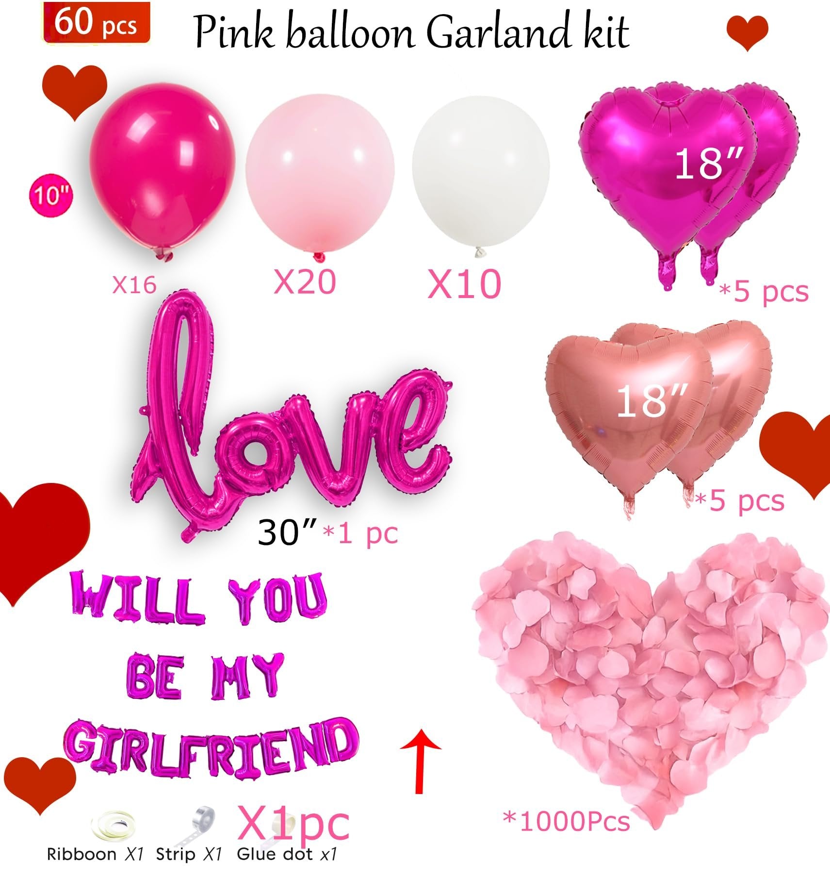 Pink balloon garland kit with heart balloons, 'love' foil balloon, and rose petals.