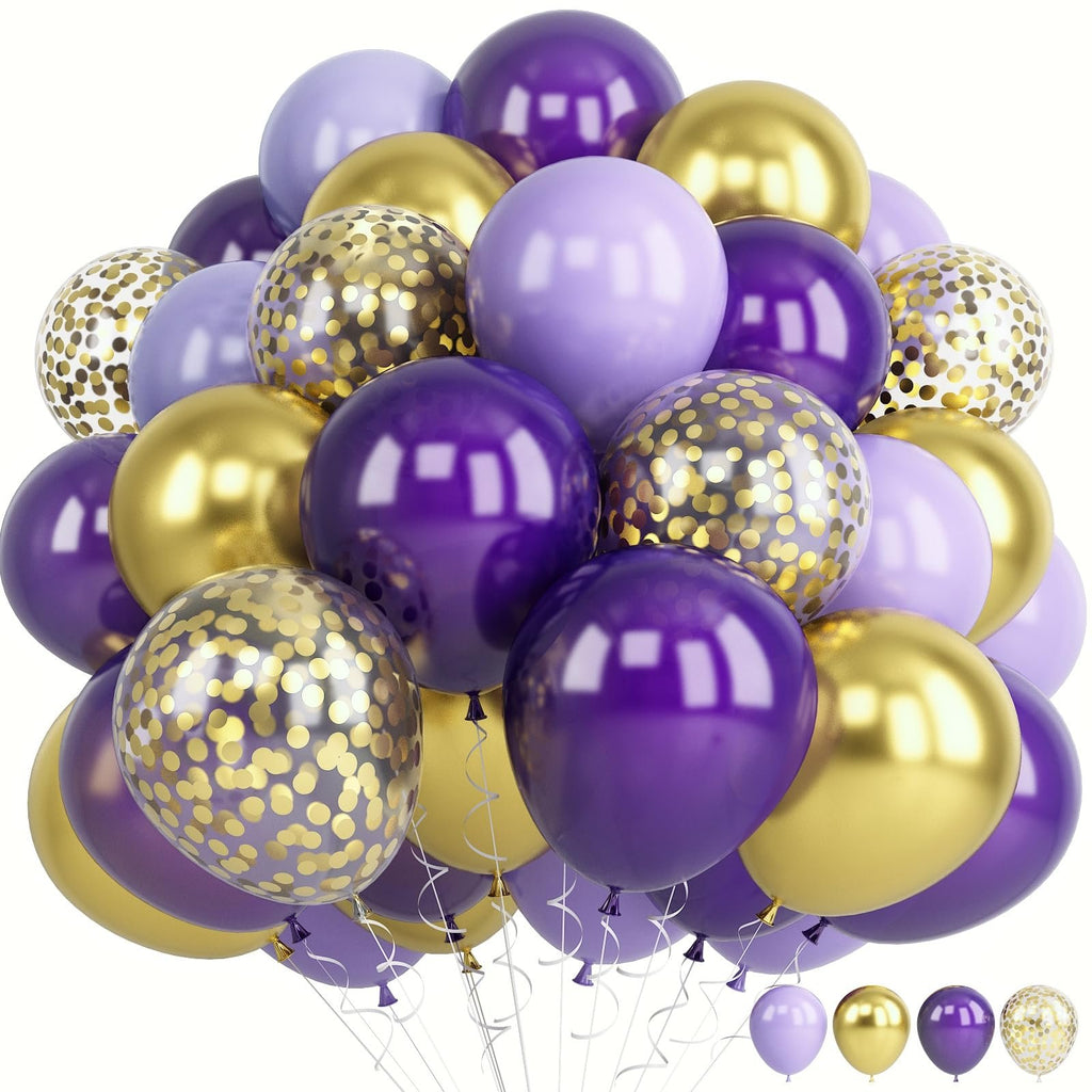 A large cluster of purple, gold, and confetti balloons with ribbons, shown from a low angle against a white background.