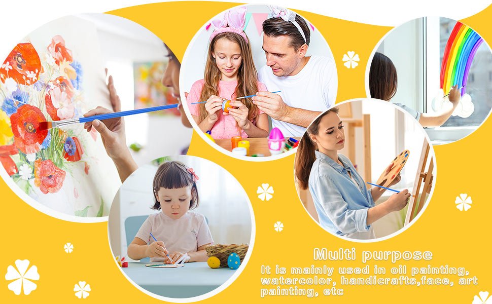 Collage of people painting: woman painting flowers, father and daughter painting Easter eggs, child painting at a table, woman painting on an easel, child painting a rainbow on a window.