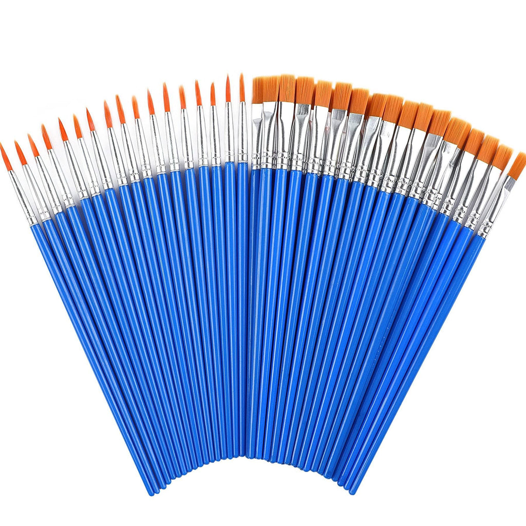 Fan of 60 detail paint brushes with blue handles and orange bristles, showing both round and flat tips.