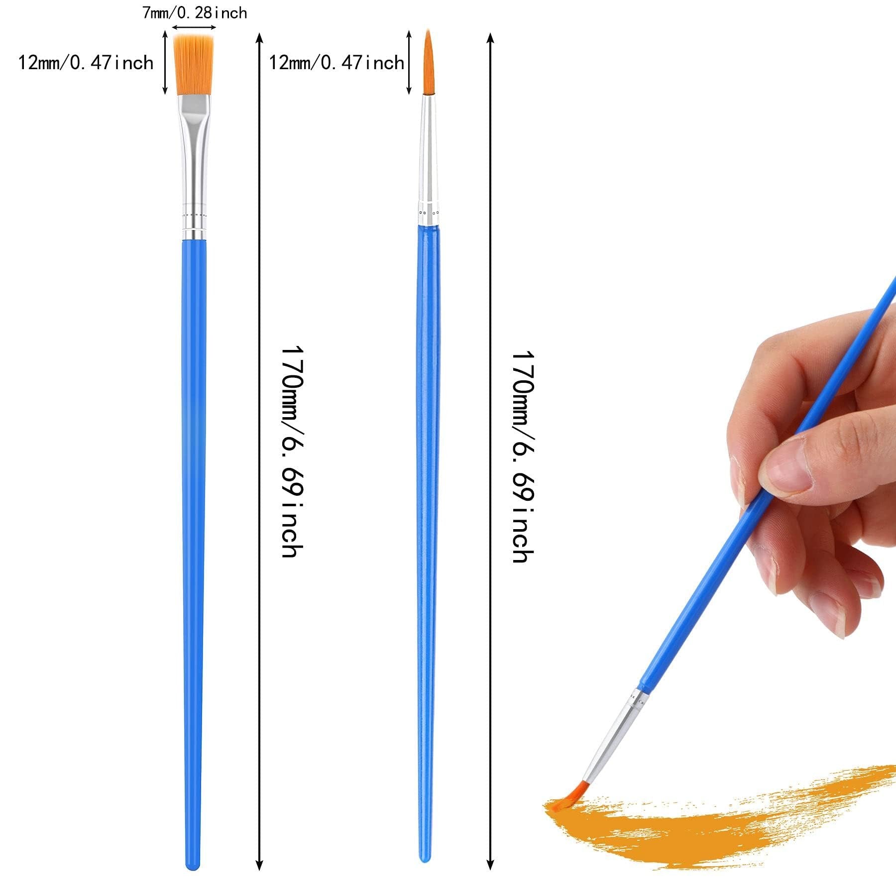 Two detail paint brushes with blue handles and orange bristles, one flat and one round, shown with dimensions and a hand holding one brush painting an orange stroke.
