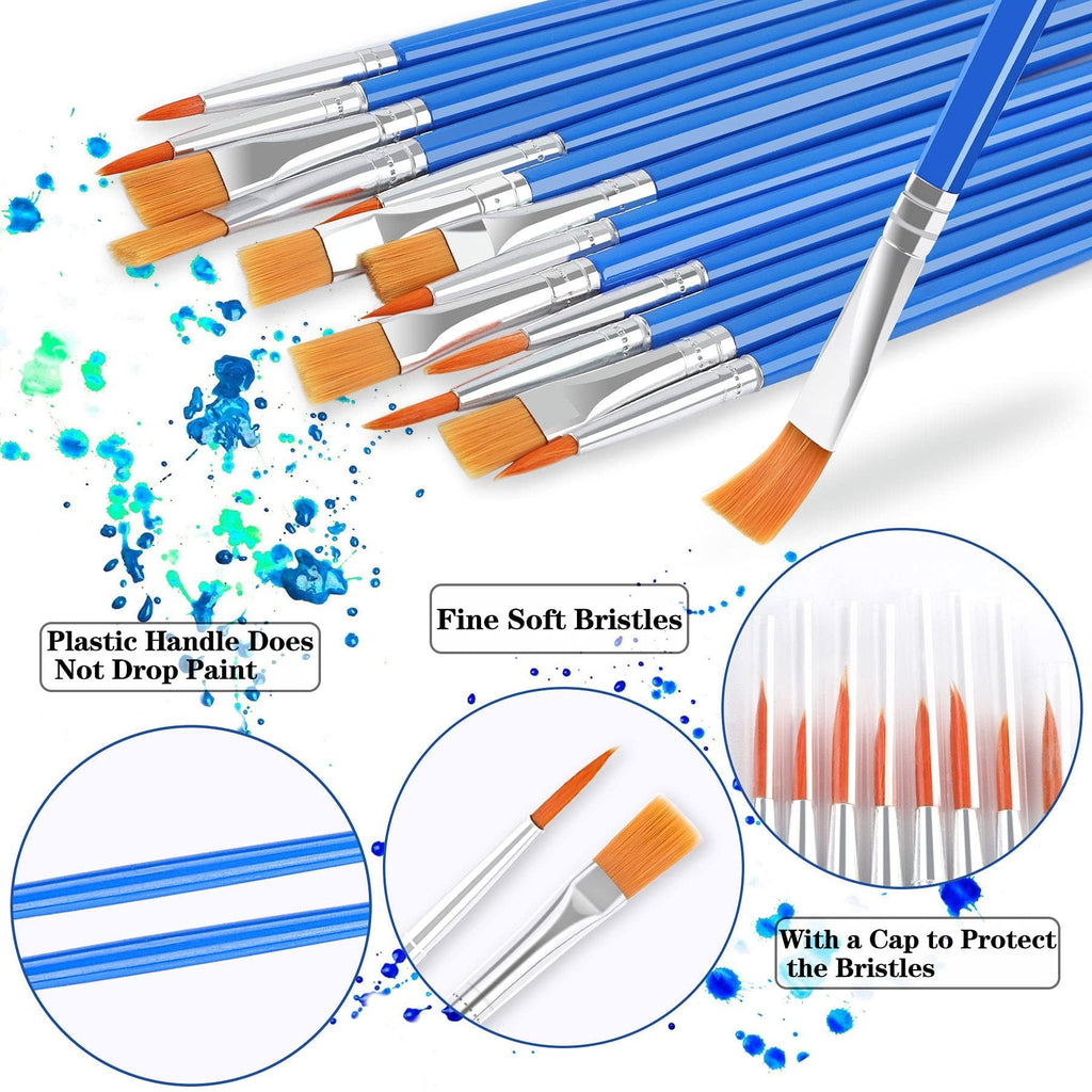 Collection of blue handled paint brushes with orange bristles, some with paint splatters. Close-ups show bristles, handles, and protective caps.