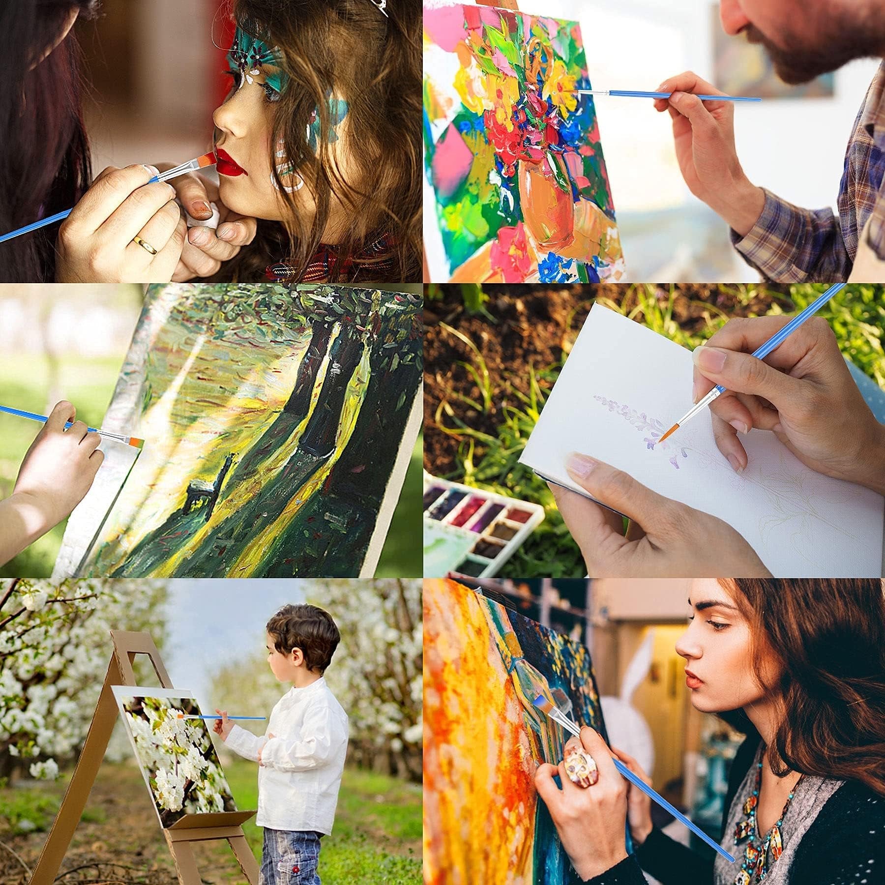 Collage of people painting: applying makeup, painting on canvas, painting outdoors, child painting on easel, woman painting abstract art.