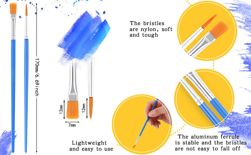 Set of three detail paint brushes with blue handles and orange bristles, showing dimensions and features.