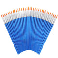 Set of 60 small round paint brushes with blue handles and orange bristles, fanned out on a white background.
