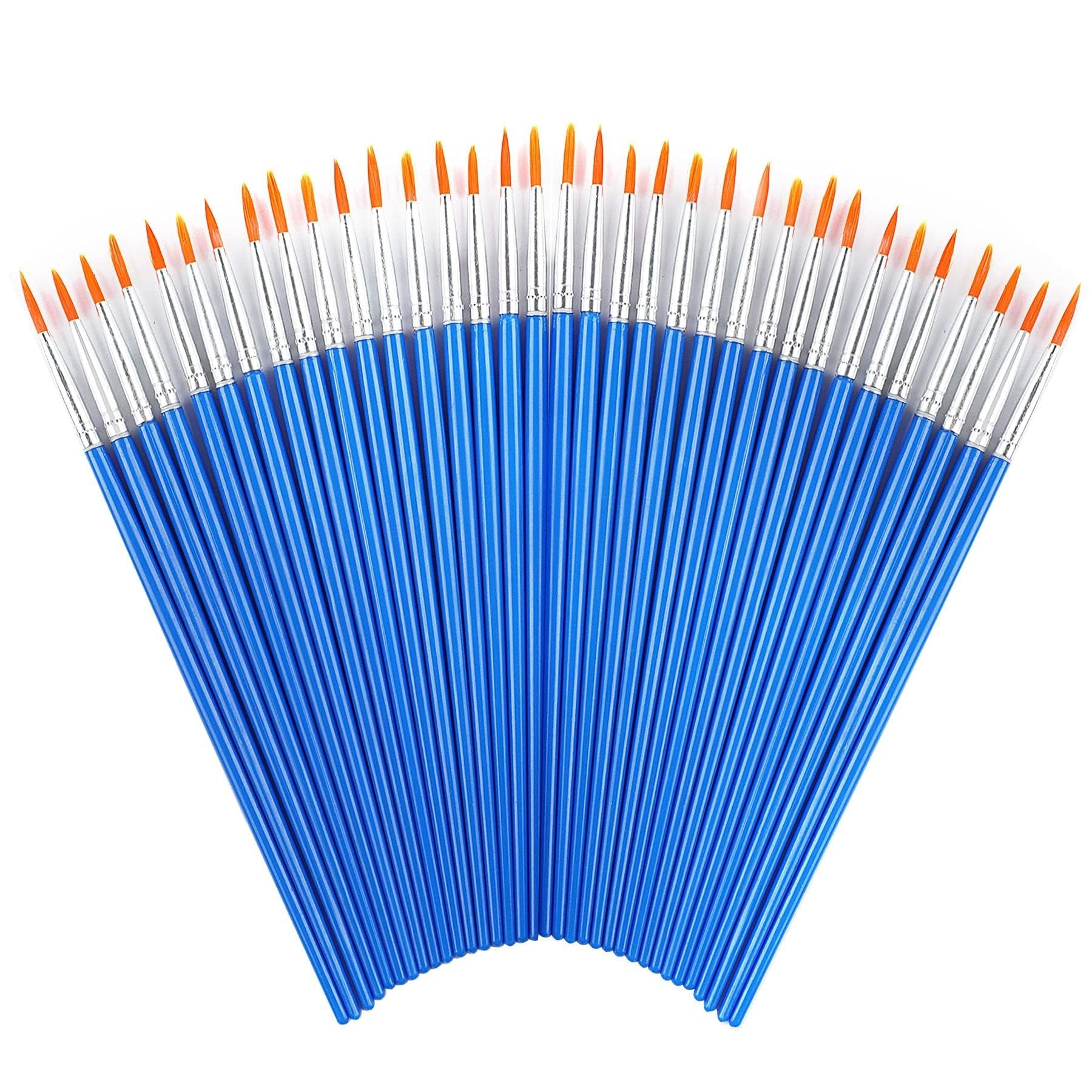 Set of 60 small round paint brushes with blue handles and orange bristles, fanned out on a white background.
