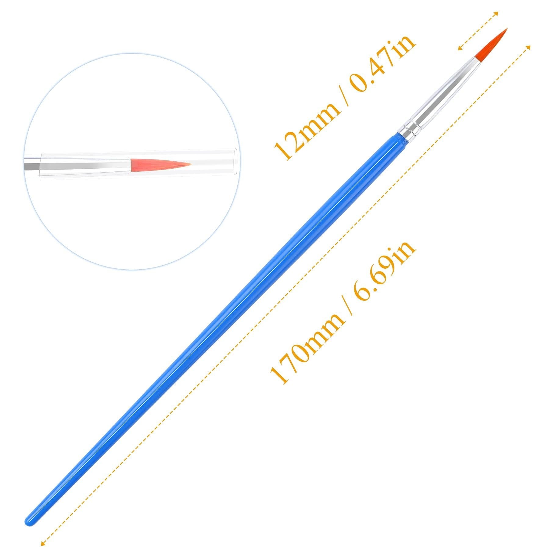 Blue handled round detail paint brush with orange tip, showing dimensions 170mm / 6.69in and 12mm / 0.47in.