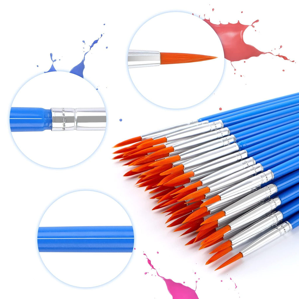 Set of small round paint brushes with blue handles and orange bristles, shown in detail.
