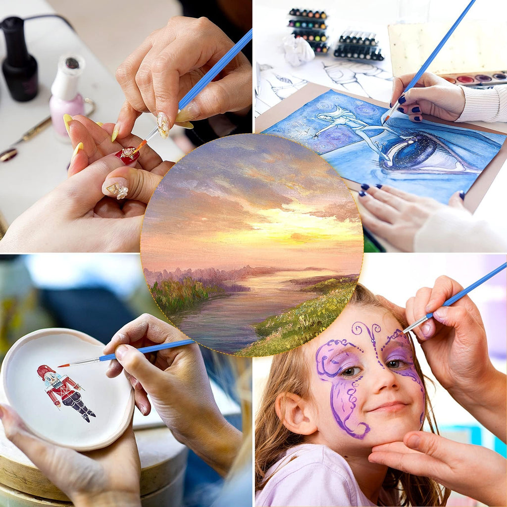 Collage of people using small paint brushes for nail art, painting, ceramic decoration, and face painting.