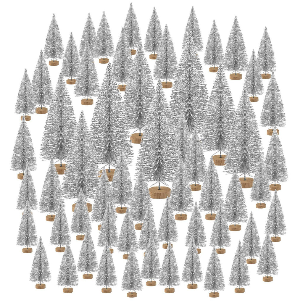 Collection of 60 silver glitter bottle brush mini Christmas trees in four sizes, each on a wooden base, arranged on a white background.