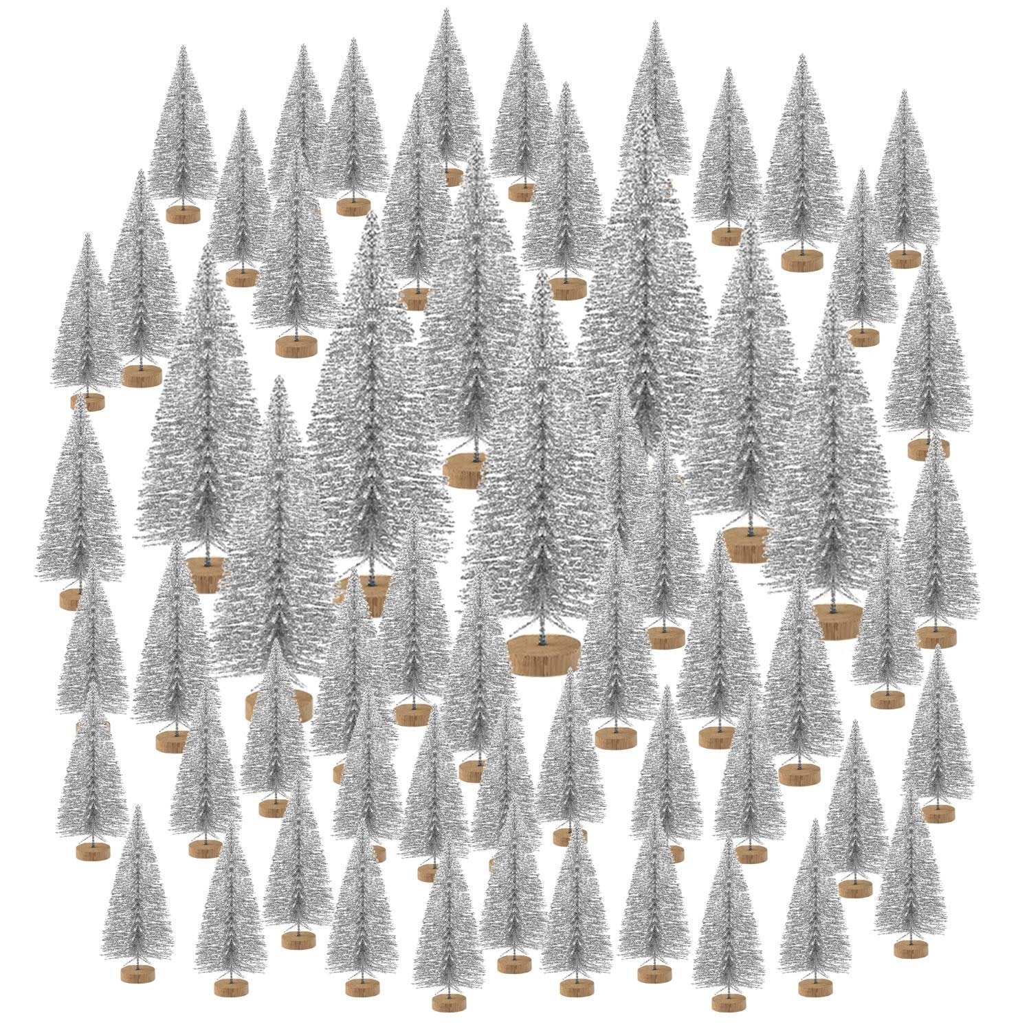 Collection of 60 silver glitter bottle brush mini Christmas trees in four sizes, each on a wooden base, arranged on a white background.