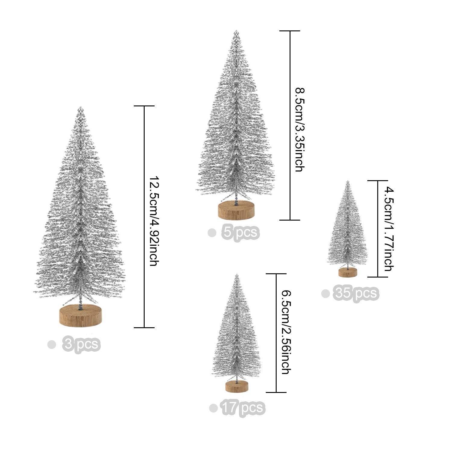 Four silver glitter bottle brush Christmas trees of varying sizes on wooden bases, with dimensions and quantity callouts.
