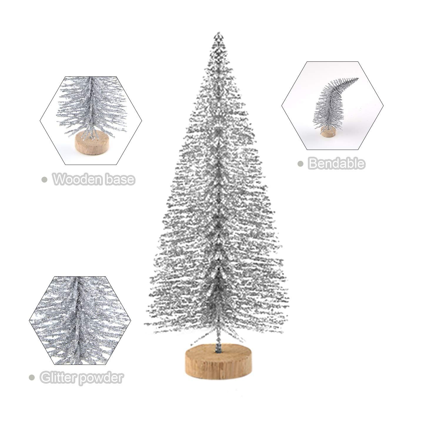 Silver glitter mini Christmas tree with wooden base, showing bendable branches and glitter powder detail.