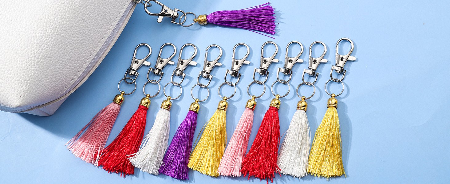 Assortment of colorful tassels with silver lobster claw clasps and key rings, next to a white pouch.