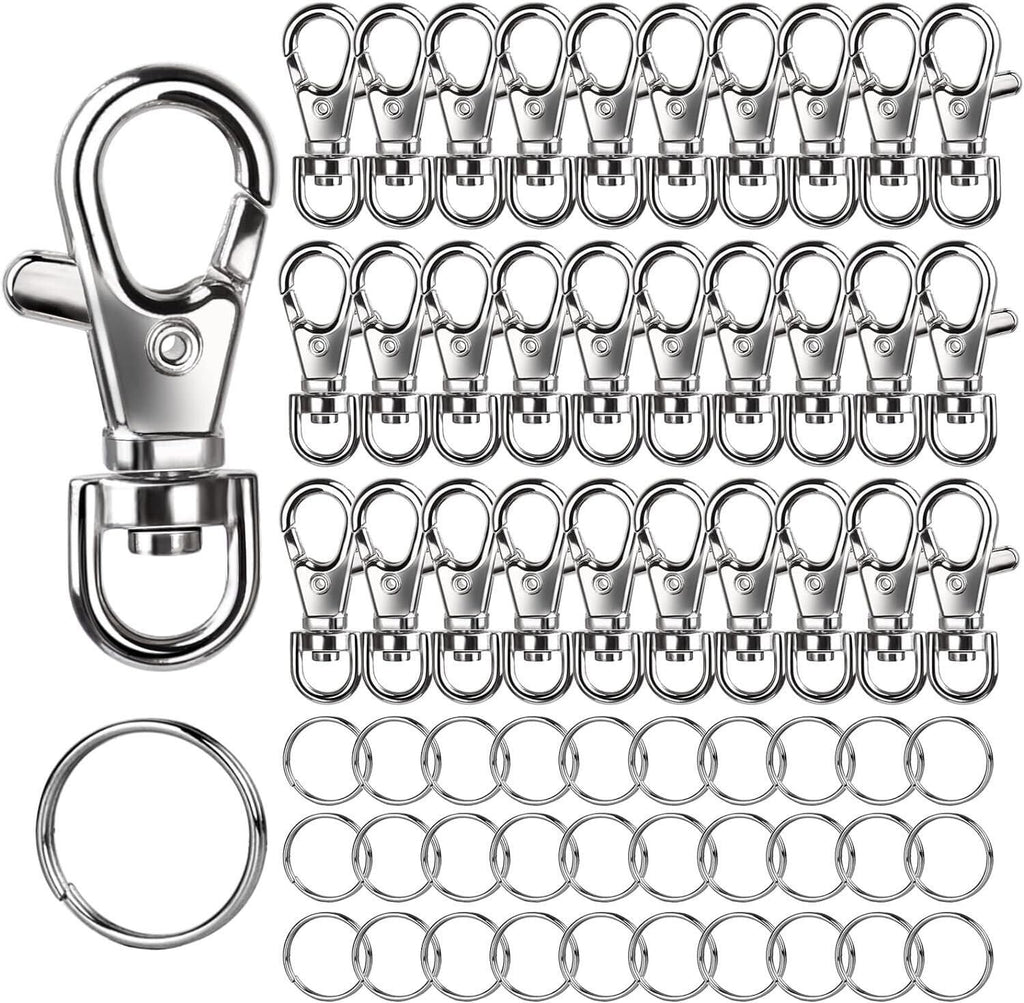 Silver lobster claw clasps and key rings for jewelry making, shown from a top-down perspective.
