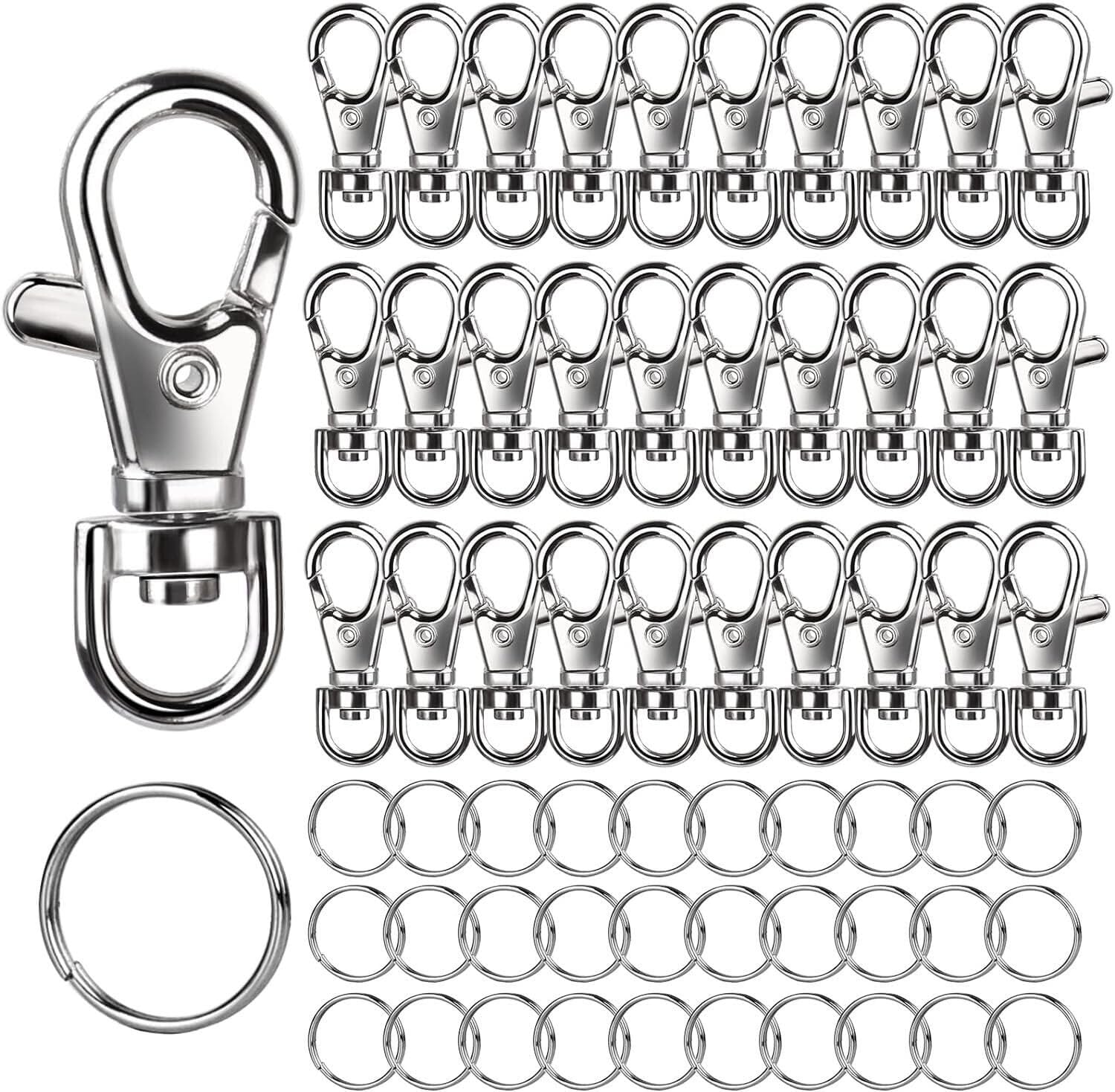 Silver lobster claw clasps and key rings for jewelry making, shown from a top-down perspective.