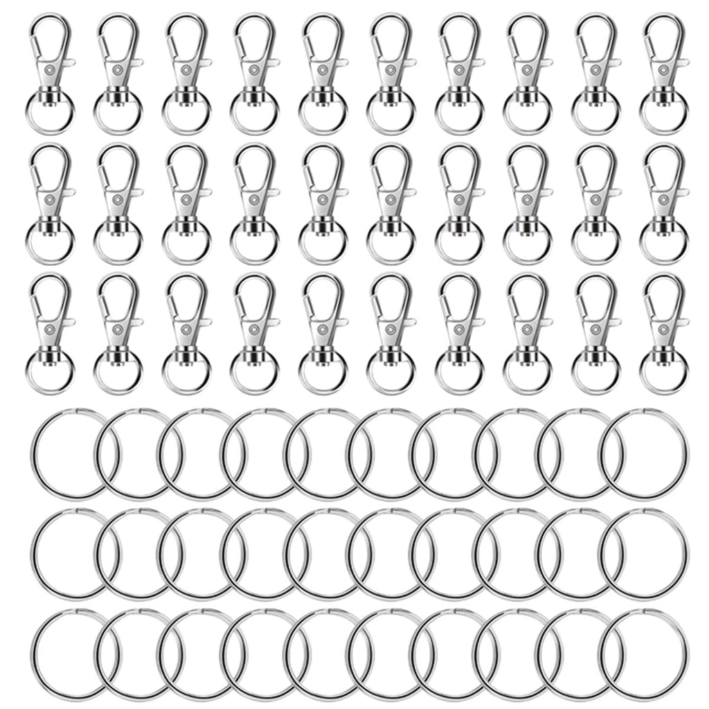 Silver metal lobster claw clasps and split rings for jewelry making and crafts, arranged in rows.