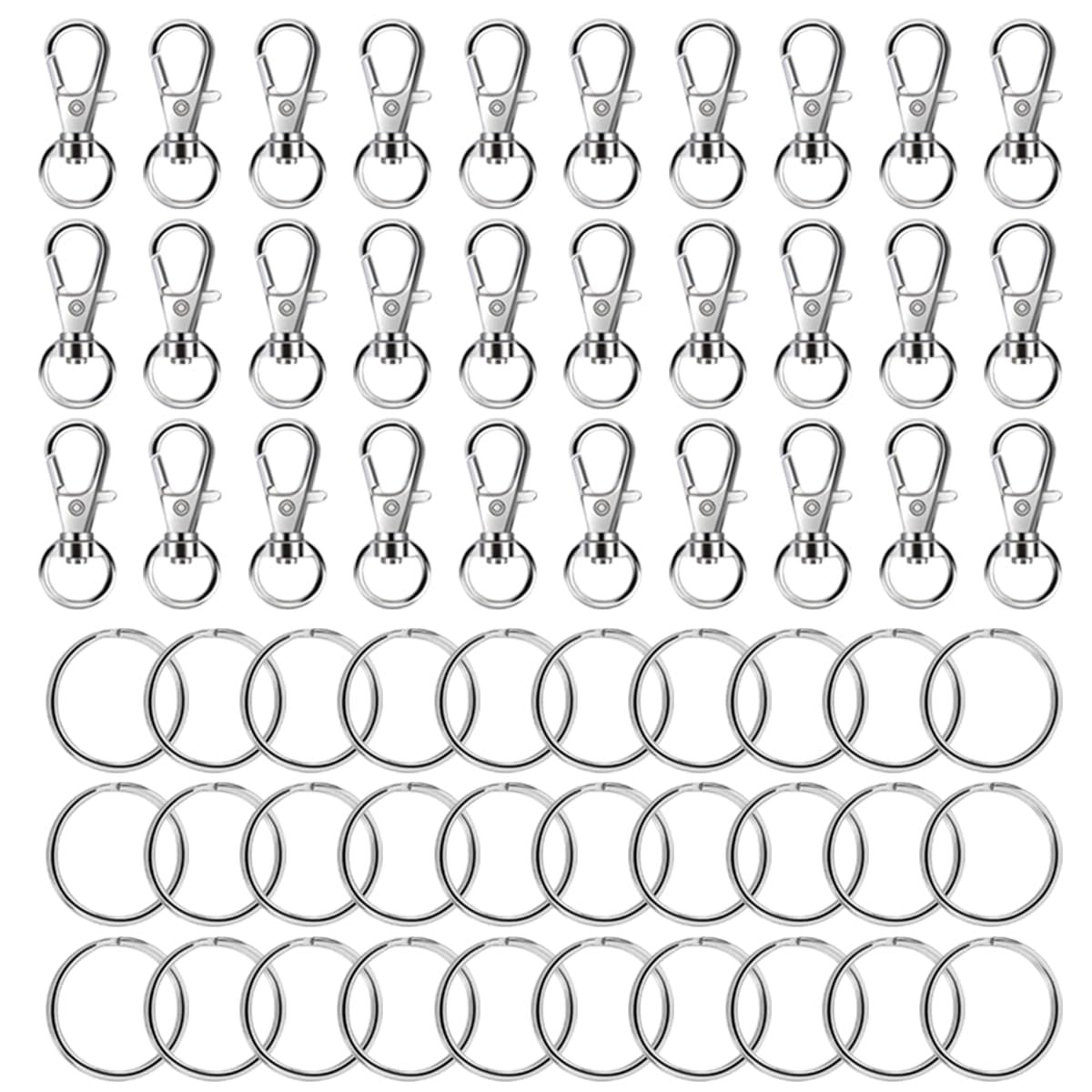 Silver metal lobster claw clasps and split rings for jewelry making and crafts, arranged in rows.