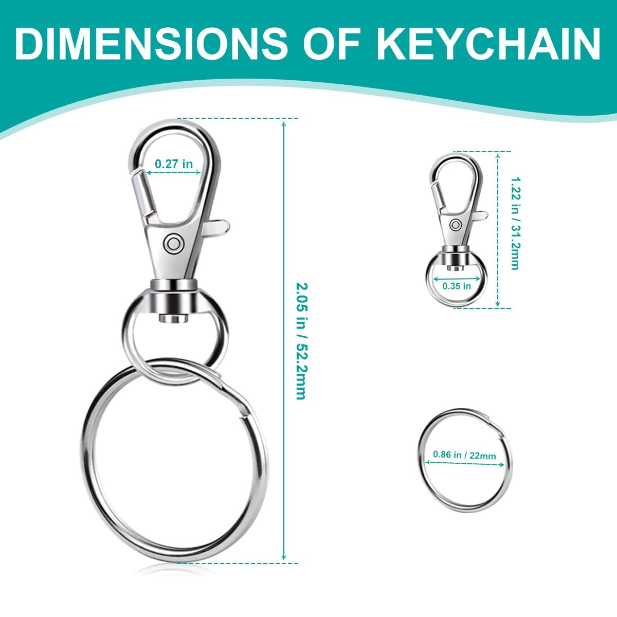Silver metal keychain clasp and split ring with dimensions indicated by measurement lines and text.