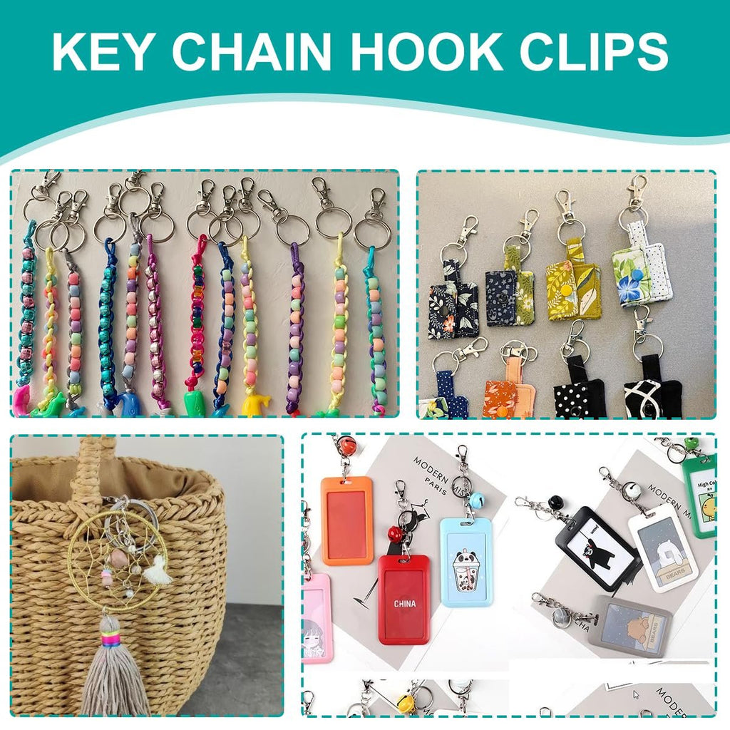 Collage of various keychain accessories including beaded lanyards, fabric key fobs, a dreamcatcher charm on a basket, and ID card holders with charms.