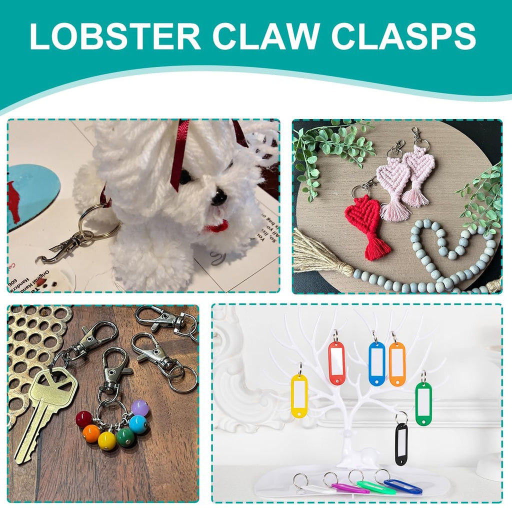 Collage of four images showing various jewelry making crafts and clasps. Top left: a white yarn dog with a metal clasp. Top right: macrame heart keychains. Bottom left: metal clasps and colorful beads with a key. Bottom right: colorful key tags on a white display tree.