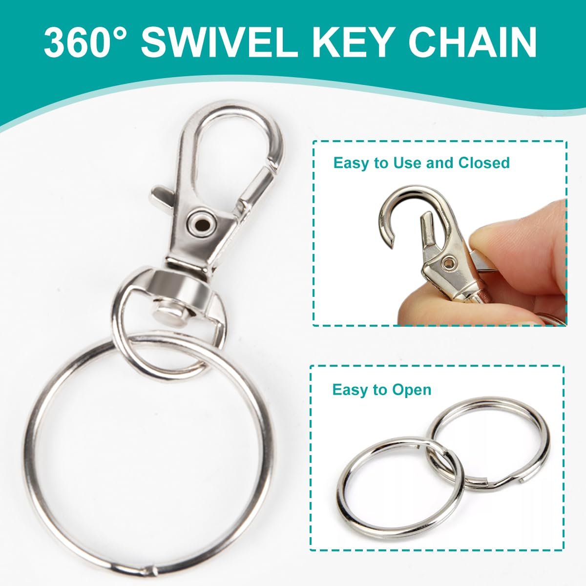 Silver metal swivel keychain with lobster clasp and split ring, shown with inset images demonstrating ease of use and opening.