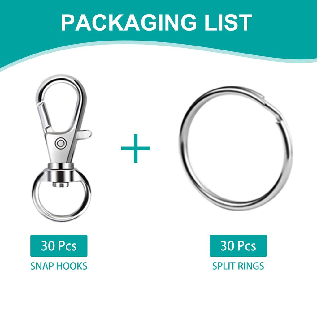 Silver metal snap hook and split ring for jewelry making, with quantity labels.