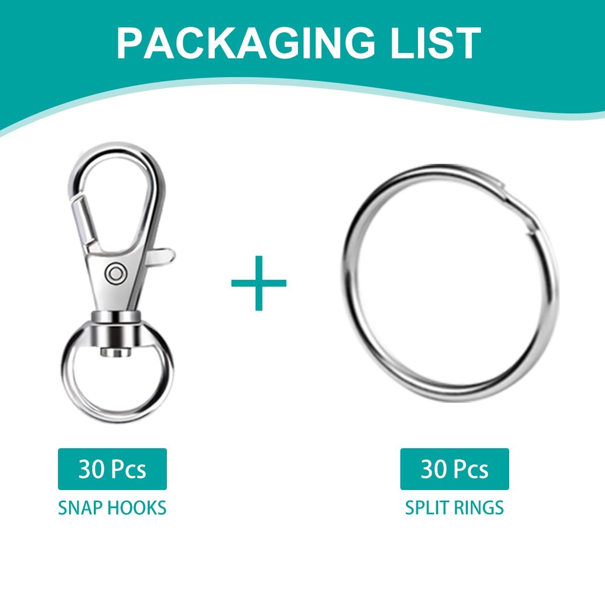 Silver metal snap hook and split ring for jewelry making, with quantity labels.