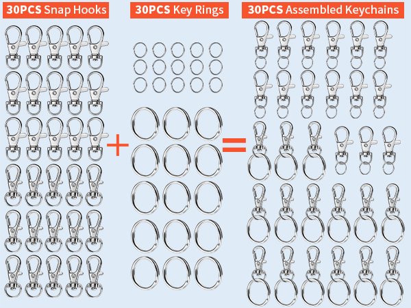 Silver swivel snap hooks and split rings for keychain making, shown as components and assembled keychains.