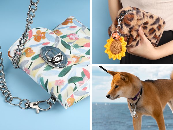 Collage of three lifestyle images showing keychain making kit components used as accessories.