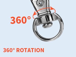 Close-up of a silver swivel snap hook with a split ring, showing 360 degree rotation capability.