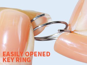 Close-up of fingers opening a silver metal split ring for a keychain.