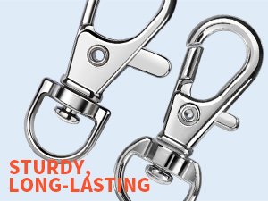 Two silver swivel snap hooks with split rings against a light blue background.
